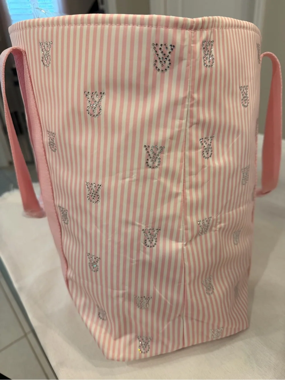 Victoria Secret Pink Striped overnight Tote Bag with Crystal Accents
